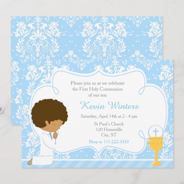 Invitation African American Boy First Communion Damask (Devant / Derrière)