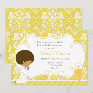 Invitation African American Boy First Communion Damask