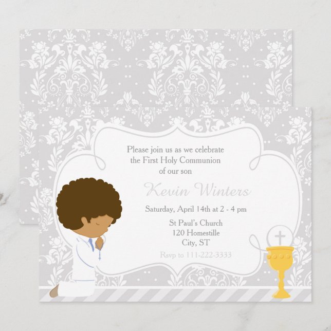 Invitation African American Boy First Communion Damask (Devant / Derrière)