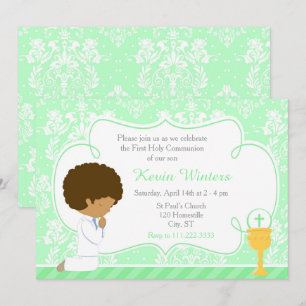 Invitation African American Boy First Communion Damask