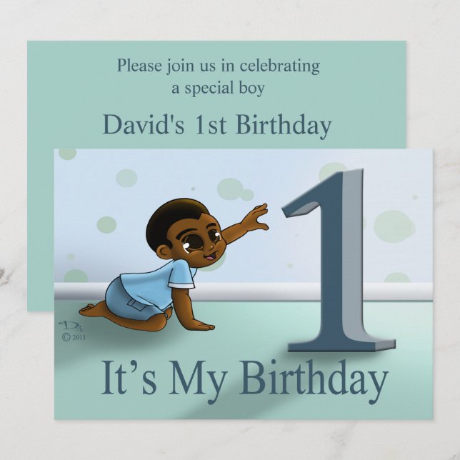 Invitation African American Boy Premier anniversaire (Devant / Derrière)