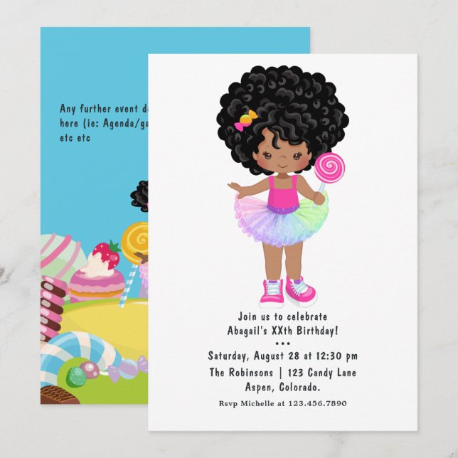Invitation African American Candy Land Fête d'anniversaire (Devant / Derrière)
