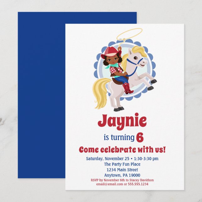 Invitation African American Cowgirl Rodeo Anniversaire (Devant / Derrière)