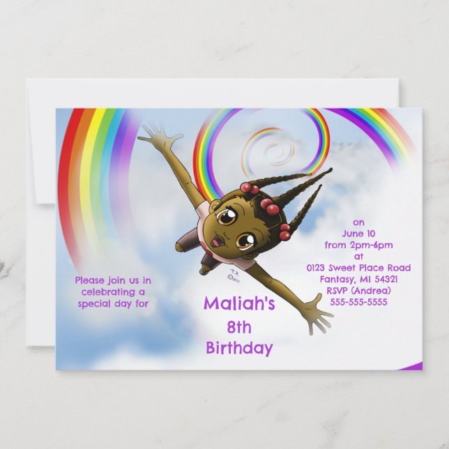 Invitation African American Girl and Rainbow Birthday Party (Devant)