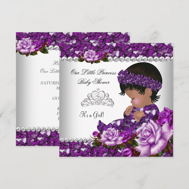 Invitation African American Princess Baby shower Girl Rose 2 (Devant / Derrière)