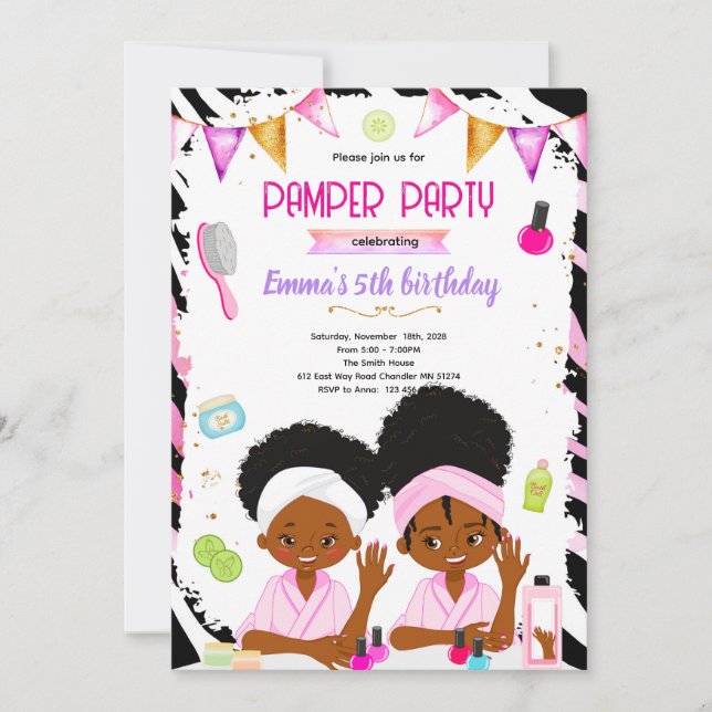 Invitation African American spa zebra theme invite (Devant)