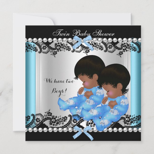 Invitation African American Twin Boys Baby shower Blue 2 (Devant)
