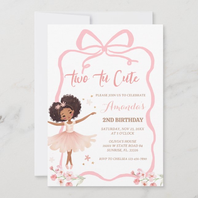Invitation African Pink Ballerina Two Tu Cute 2e anniversaire (Devant)