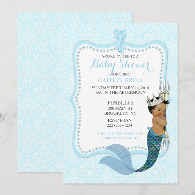 Invitation Afro-Américain bébé merman Prince Crown (Devant / Derrière)