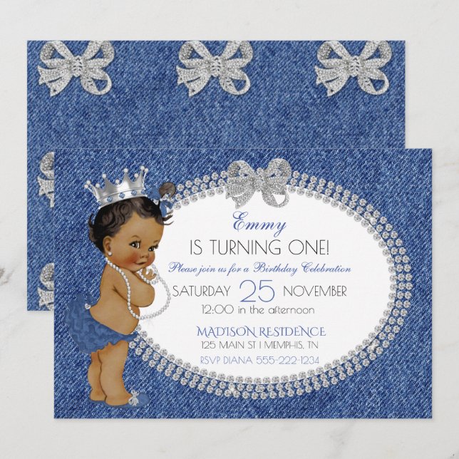 Invitation Afro-Américaine de bébés Denim & Diamonds (Devant / Derrière)