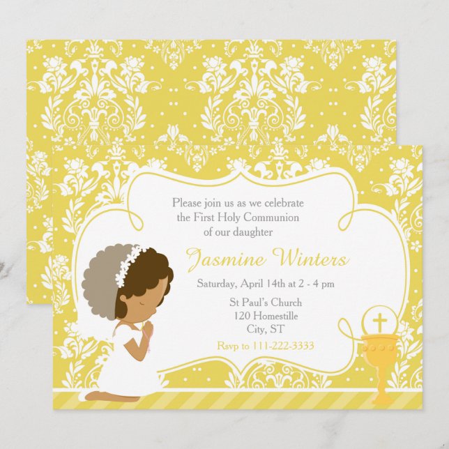 Invitation Afro-Américaine Première Communion Gold Damask (Devant / Derrière)