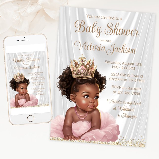Invitation Afro-Américaine Princesse Baby shower Or rose (Blush pink gold princess baby shower invitation. Available for instant download and print.)