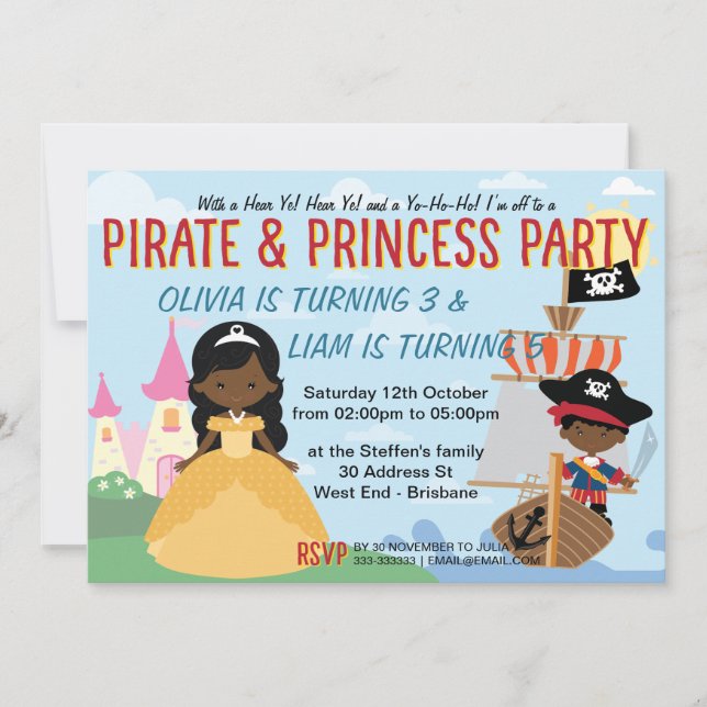 Invitation Afro-Américaine Princesse et Pirate (Devant)