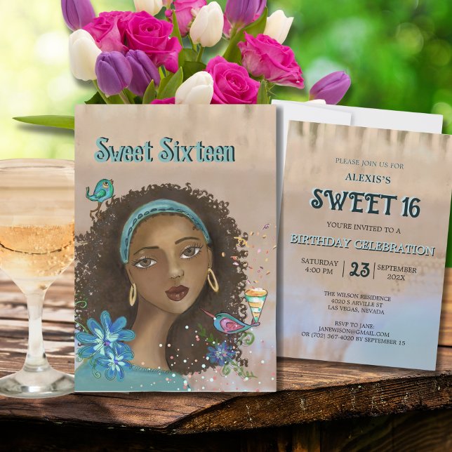 Invitation Afro-American Girl Sweet 16 Anniversaire Invitatio ( Afro-American Girl Sweet 16 Birthday Party Invite)