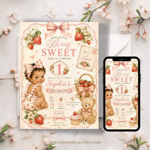 Invitation Afro Berry Premier Anniversaire fraise Douce Fille