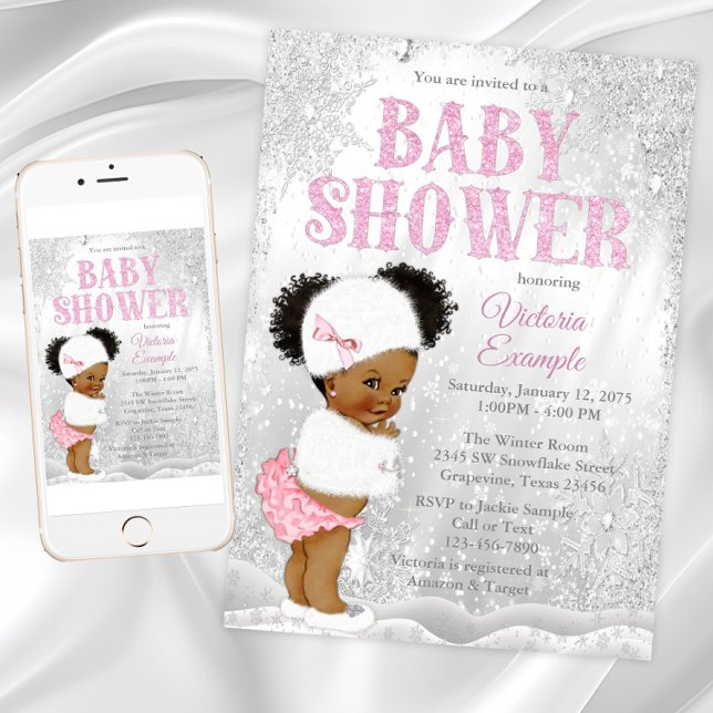 Invitation Afro Puff Girl Winter Wonderland Baby shower (Pink afro puff baby girl with cute snow outfit on a pretty silver snow background.)
