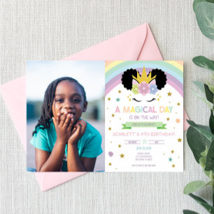 Invitation Afro Puff Unicorn et Rainbows fête d'anniversaire