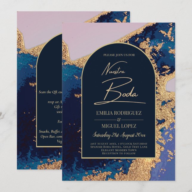 Invitation Agate Blue Gold Nuestra Boda Mariage espagnol Leah (Devant / Derrière)