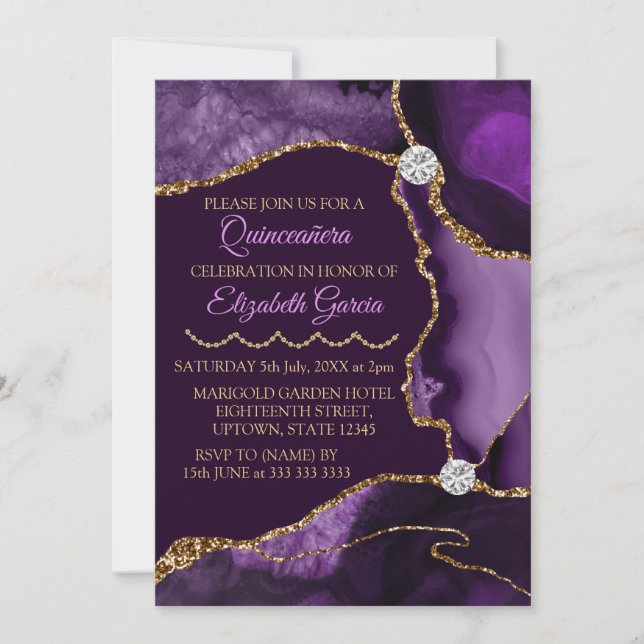 Invitation Agate de Parties scintillant violet et or Quincean (Devant)