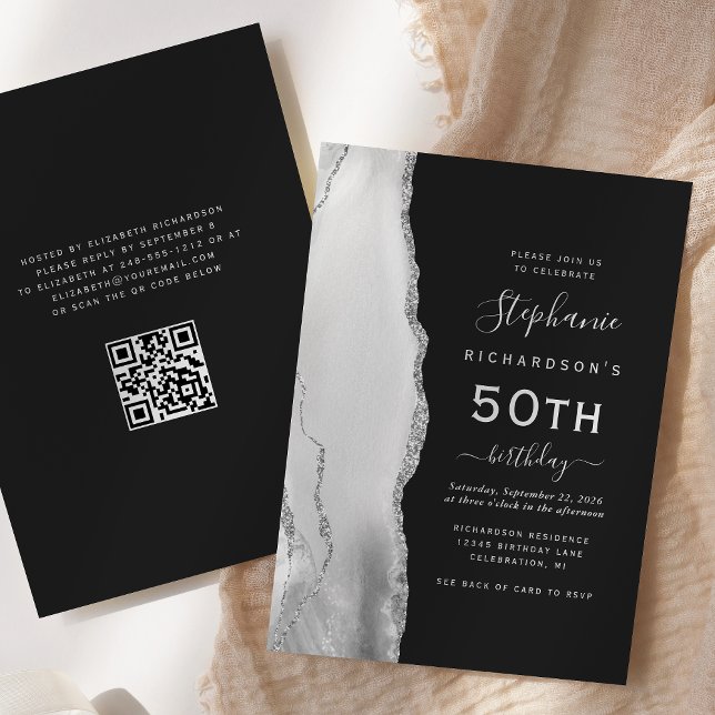Invitation Agate gris blanc argent QR Code 50e anniversaire (Créateur téléchargé)