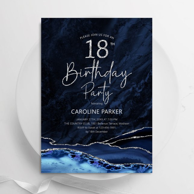 Invitation Agate Marine Bleu Argent 18e anniversaire (Créateur téléchargé)