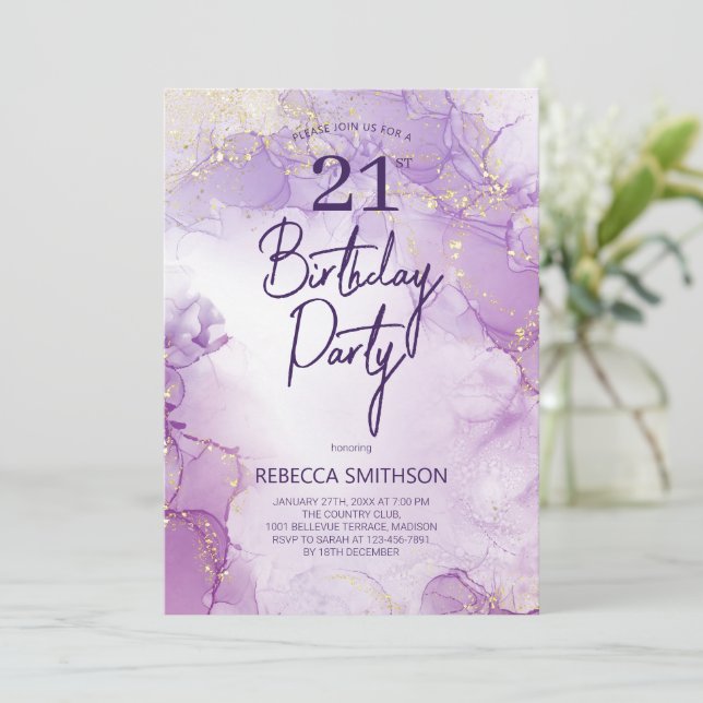 Invitation Agate Marine Purple and Gold 21e anniversaire (Debout devant)