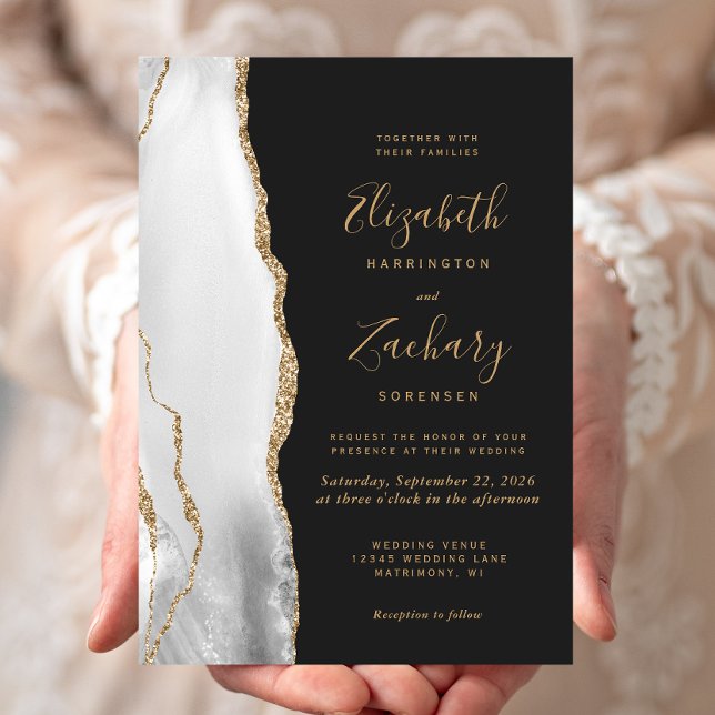 Invitation Agate moderne Gris Blanc Or Mariage foncé (Créateur téléchargé)