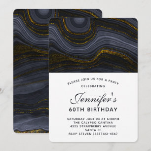 Invitation Agate moderne noir et or Pierre Anniversaire