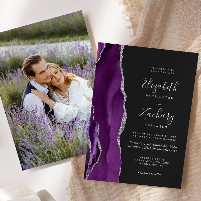 Invitation Agate moderne violet argent Mariage foncé (Créateur téléchargé)