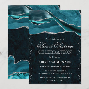 Invitation Agate Pailleté Turquoise et Argent Douce 16