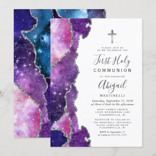 Invitation Agate rose bleu étoilé Argent Première Communion s