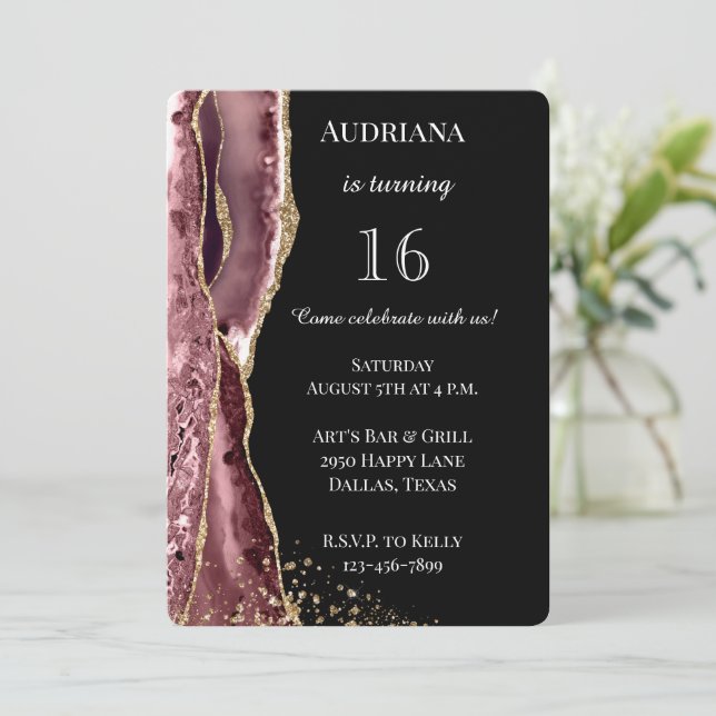 Invitation Agate rose Rose noir Parties scintillant or 16e an (Debout devant)