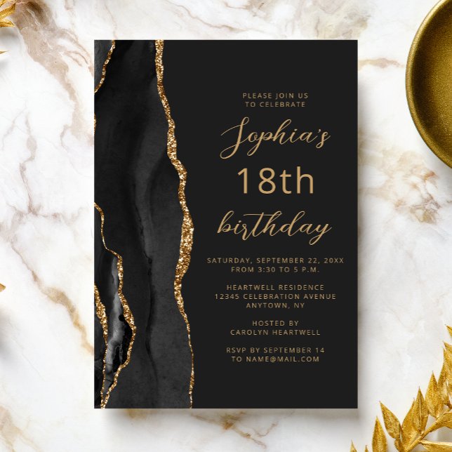 Invitation Agate Script Or Noir 18e Anniversaire (Créateur téléchargé)