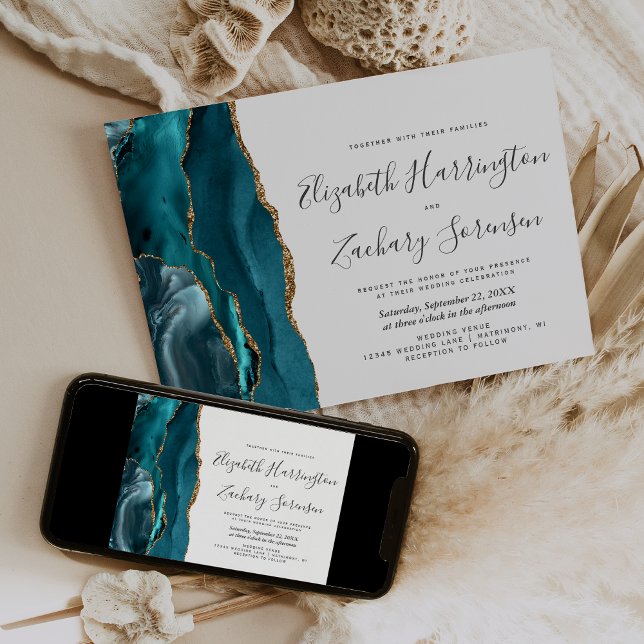 Invitation Agate Turquoise or moderne Mariage horizontal (Créateur téléchargé)