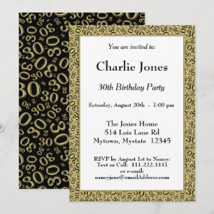 Invitation Âge 30 Motif de nombre aléatoire Noir/Or 30ème