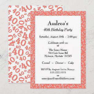 Invitation Âge 40 motif numérique aléatoire corail/blanc 40e