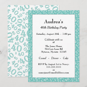 Invitation Âge 40 motif numérique aléatoire sarcelle/blanc 40