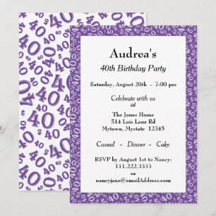 Invitation Âge 40 motif numérique aléatoire violet/blanc 40e