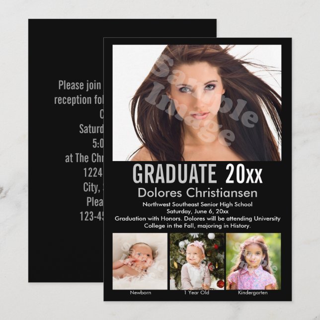 Invitation Age Progression Photo Black Moderne Graduation (Devant / Derrière)