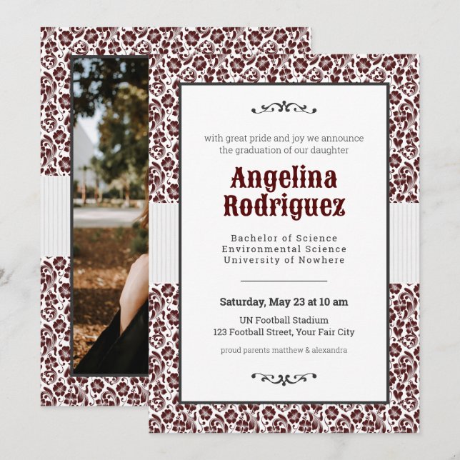 Invitation Aggie Maroon Floral Damask Photo Graduation (Devant / Derrière)