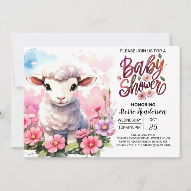 Invitation Agneau Cherubic délice Baby shower fille rose (Devant)