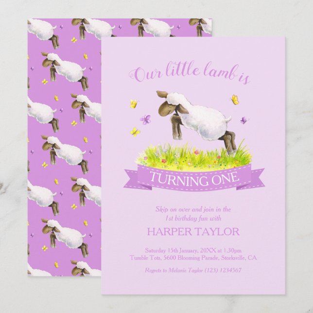 Invitation Agneau de printemps sauter mignon violet 1er anniv (Devant / Derrière)