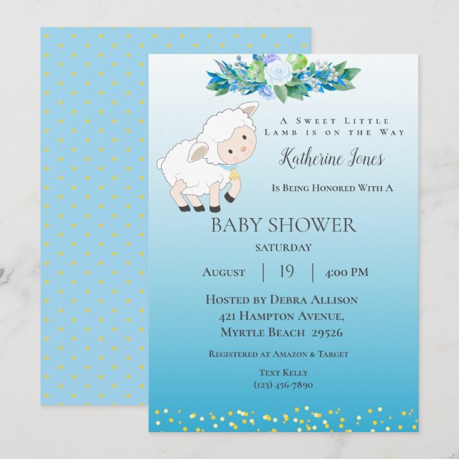 Invitation Agneau mignon bleu Floral Boy Baby shower Invitati (Devant / Derrière)