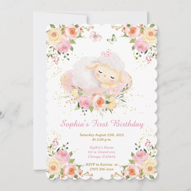 Invitation Agneau personnalisé fille 1er anniversaire (Devant)