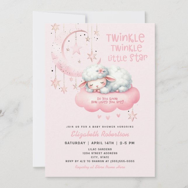 Invitation Agneau rose Twinkle Twinkle Girls Baby shower (Devant)