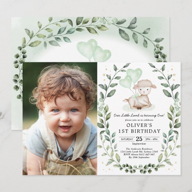 Invitation Agneau vert moderne Bébé mouton fête d'anniversair (Devant / Derrière)
