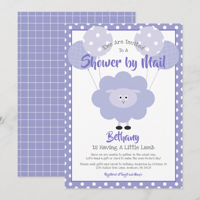 Invitation Agneau violet Baby shower par Mail Cute Simple Mod (Devant / Derrière)