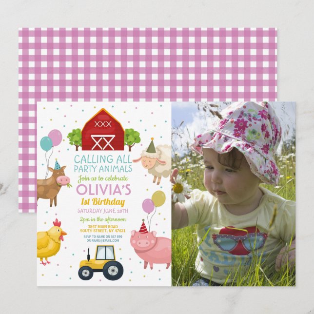 Invitation Agritourisme Animaux 1er Anniversaire de enfant Fi (Devant / Derrière)