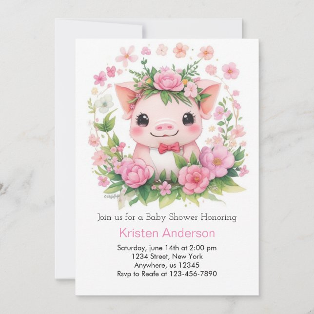 Invitation Agritourisme Baby shower de fille rose Piglet (Devant)