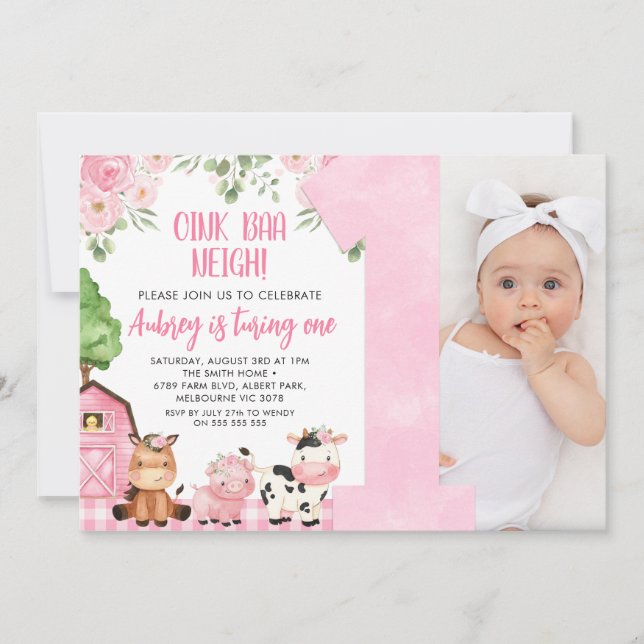 Invitation Agritourisme rose Photo 1er anniversaire Invitatio (Devant)